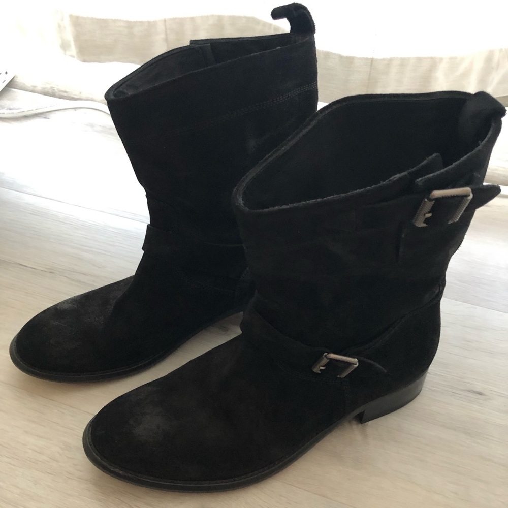 Belstaff Black Suede Leather Moto Calf Boots Pull On • Buckles Size 38 US 7.5/8